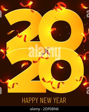 2020 Felice Anno Nuovo. Numeri d'oro disegno di biglietto d'auguri di caduta lucido Confetti. Buon anno Banner con 2020. Sfondo luminoso. Illustrazione vettoriale. Illustrazione Vettoriale