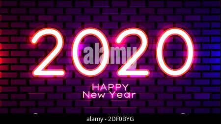 2020 Felice anno nuovo testo Neon. Modello di design di Capodanno 2020 per volantini stagionali e biglietti di auguri e inviti a tema natalizio. Striscione chiaro. Illustrazione vettoriale Illustrazione Vettoriale