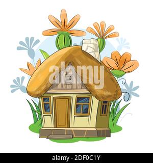 Vecchia casa giardino con tetto di paglia. Favoloso oggetto cartoon. Carino stile infantile. Antica dimora. Minuscolo, piccolo. Sullo sfondo di un Illustrazione Vettoriale