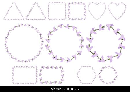 Lilla iris fiore corona per il design del packaging, invito al matrimonio, biglietto d'auguri. Fioritura primaverile. Riquadro vettoriale - quadrato, cerchio, cuore, triangolo, esagono, rettangolo. Illustrazione Vettoriale