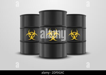 Three Vector 3d realistico Nero semplice smalto lucido metallo olio, carburante, benzina barili con giallo Biohazard segno isolato su sfondo bianco. Design Illustrazione Vettoriale