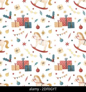 Disegno a mano acquerello di Natale modello senza giunture Foto Stock