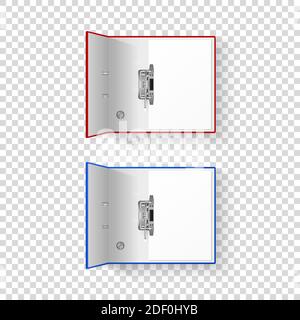 Vector 3d ha aperto un set di raccoglitori da ufficio blu e rosso realistico con anelli in metallo e un closeup di fogli di carta A4 isolato su sfondo trasparente. Design Illustrazione Vettoriale