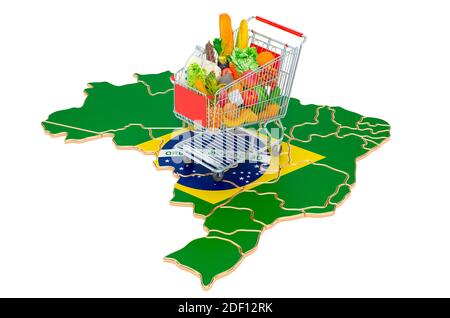 Concetto di potere d'acquisto in Brasile. Carrello con mappa brasiliana, rendering 3D isolato su sfondo bianco Foto Stock