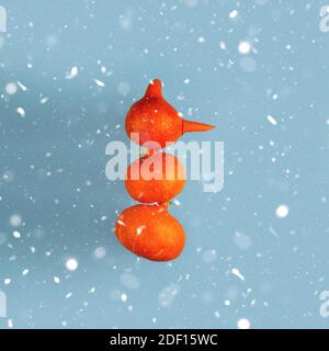 Un pupazzo di neve con un naso di carota di tre zucche arancioni su sfondo blu. Concetto di Halloween. Foto Stock