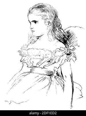 Un disegno di una ragazza di un pittore tedesco Ludwig Knaus. Illustrazione del 19 ° secolo. Sfondo bianco. Foto Stock