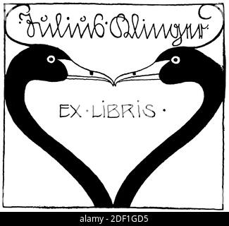 Ex libris a forma di cuore fatto dalla testa e dal collo di un cigno. Illustrazione del 19 ° secolo. Germania. Sfondo bianco. Foto Stock