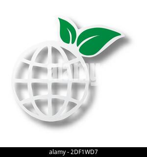 Illustrazione vettoriale icona della terra con foglia verde su carta tagliata con ombra isolata su sfondo bianco. Arte della carta concetto di ambiente. Illustrazione Vettoriale