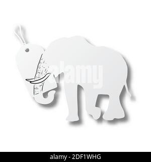 Immagine vettoriale linea nera mano disegnata di avorio su elefante e prezzo etichetta forma carta tagliata con ombra isolata su sfondo bianco. Carta art. Illustrazione Vettoriale