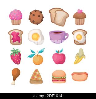 set di tutti i tipi di alimenti icone su uno sfondo bianco Illustrazione Vettoriale