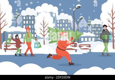 Babbo Natale che corre con l'albero di Natale, la gente in abiti caldi che cammina nel parco della città d'inverno, trasportando le scatole e le borse della spesa vettore piatto illustrazione. Preparazione al concetto di Natale e Capodanno. Illustrazione Vettoriale