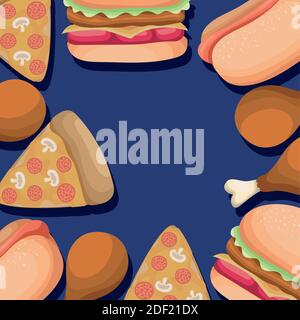 set di icone fast food su sfondo blu Illustrazione Vettoriale