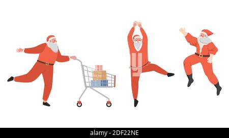 Babbo Natale facendo shopping e gioioso vettore flat illustrazione. Babbo Natale con carrello, Babbo Natale da ballo. Set di tre personaggi Babbo Natale isolati su sfondo bianco. Illustrazione Vettoriale