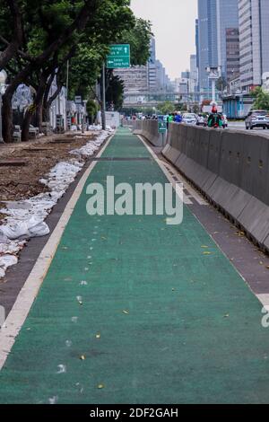 Giacarta, Indonesia - 25 ottobre 2020. Una speciale pista ciclabile verde situata su Jalan Sudirman, Giacarta Foto Stock