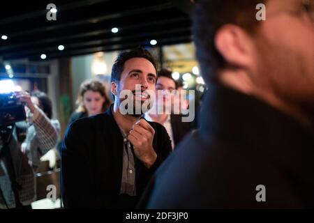 Il deputato francese del LREM Mounir Mahjoubi durante il partito di sostegno al candidato sindaco di Parigi LREM Agnes Buzyn durante il dibattito televisivo contro il candidato alle elezioni comunali di parigi nel Grand Cafe Bataclan a Parigi il 4 marzo 2020. Foto di Raphael Lafargue/ABACAPRESS.COM Foto Stock