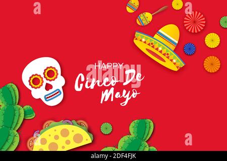 Cinco De Mayo Banner. Cranio messicano e Tacos. Succlents e Maracas. Sfondo rosso. Spazio per il testo. Vettore. Illustrazione Vettoriale