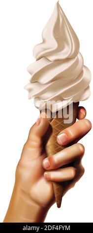 3d realistico vettore mano che tiene congelato yogurt o gelato morbido nel cono wafer. Isolato su sfondo bianco. Illustrazione Vettoriale