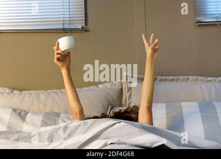 Donna incognito che tiene una tazza di caffè, che si allunga a letto, mostrando le mani da sotto coperta. Concetto di Happy Morning Foto Stock