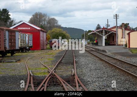 Stazione ferroviaria storica, Ormondville, Central Hawkes Bay, North Island, Nuova Zelanda Foto Stock