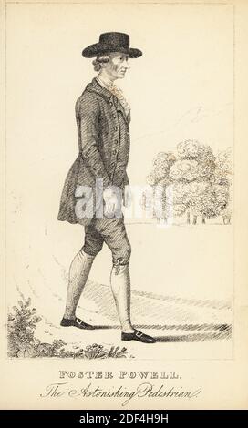 Foster Powell, il sorprendente pedone, 1734-1793. Famosa per le sue passeggiate maratona in Inghilterra, da Londra a York e ritorno, per una scommessa. Litografia dopo un'incisione a stitple di Robert Cooper da Henry Wilson e James Caulfield's Book of Wonderful Characters, Memoirs and Aneddotes, di persone notevoli ed eccentrici in tutte le età e paesi, John Camden Hotten, Piccadilly, Londra, 1869. Foto Stock