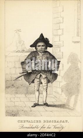 Chevalier Desseasau, notevole per la sua vanità, morì nel 1775. Vana nana prussiana che era una celebrità delle caffetterie di Londra come Old Anderton’s e The Barn, e in seguito prigione del debitore della flotta. Vestito nero come un buck del 18 ° secolo, con tricorno, scarpe con fibbia, due spade, canna e rotolo di poesia. Litografia dopo un'incisione a stitple di Robert Cooper da Henry Wilson e James Caulfield's Book of Wonderful Characters, Memoirs and Aneddotes, di persone notevoli ed eccentrici in tutte le età e paesi, John Camden Hotten, Piccadilly, Londra, 1869. Foto Stock