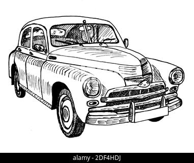 Auto classica disegnata a mano Old Timer, grafica a schizzo illustrazione monocromatica su sfondo bianco (originali, nessuna traccia) Foto Stock