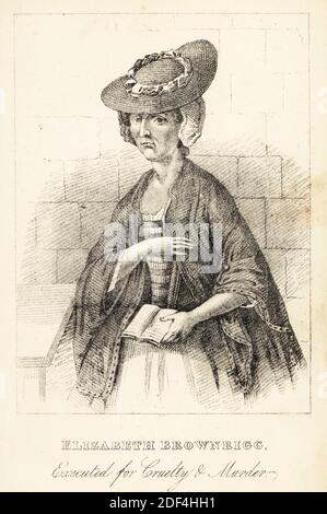 Elizabeth Brownrigg, giustiziata per crudeltà e omicidio. Impiccato a Tyburn nel 1767 per la tortura e l'omicidio del suo servitore domestico Mary Clifford. Litografia dopo un'incisione a stitple di Robert Cooper da Henry Wilson e James Caulfield's Book of Wonderful Characters, Memoirs and Aneddotes, di persone notevoli ed eccentrici in tutte le età e paesi, John Camden Hotten, Piccadilly, Londra, 1869. Foto Stock