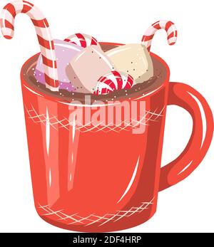 carino tirato a mano tazza rossa di cacao con caramelle e marshmallows, elemento di design per la vostra cartolina di festa di natale o pubblicità. Illustrazione Vettoriale