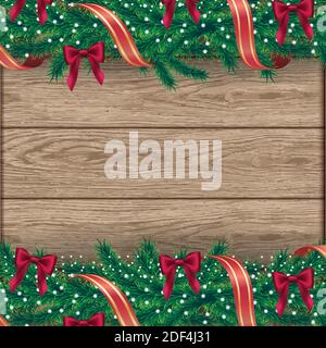 Confine natalizio con rami di abete, accessori, nastri e stelle. Illustrazione vettoriale su sfondo di legno realistico. Illustrazione Vettoriale