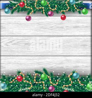 Confine natalizio con rami di abete, accessori, nastri e palle lucenti. Illustrazione vettoriale su sfondo bianco in legno realistico. Illustrazione Vettoriale