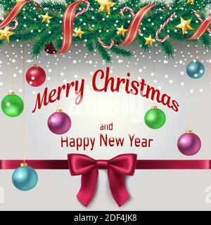 Bordo dell'albero di Natale con decorazioni e rami di abete, palle lucenti e nastro con arco. Illustrazione Vettoriale