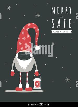 Pandemia di Natale. Gnome carino in maschera medica viso. Illustrazione Vettoriale