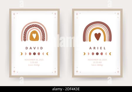 Poster boho arcobaleno con il nome del bambino. Design scandinavo per arredi da parete per bambini. Illustrazione Vettoriale