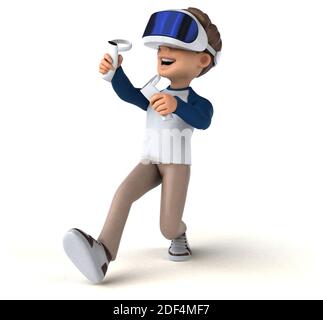 Divertente illustrazione 3D di un bambino di cartoni animati con una realtà virtuale casco Foto Stock