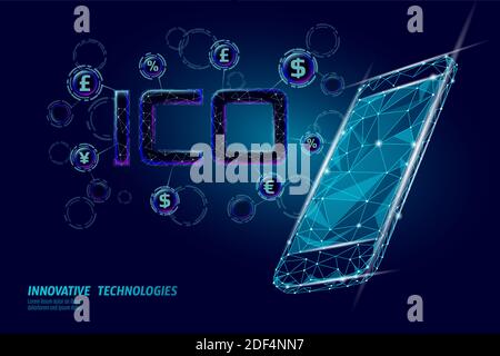 Moneta iniziale che offre il concetto di tecnologia delle lettere ICO. Business Finance economy basso design stile poly. Crypto banking valuta offerta online. Internet Illustrazione Vettoriale