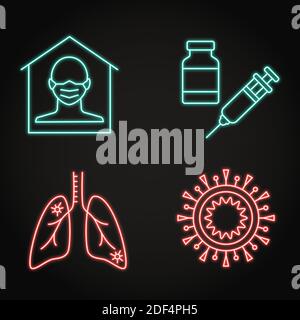 Icona di infezione da coronavirus al neon in stile linea. Polmoni con polmonite, vaccino covid-19, quarantena e simboli del virus. Illustrazione vettoriale. Illustrazione Vettoriale