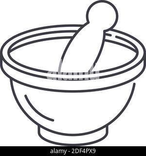 Icona mortar pestle, illustrazione lineare isolata, vettore di linea sottile, segno di disegno web, simbolo di concetto di contorno con tratto modificabile su sfondo bianco. Illustrazione Vettoriale