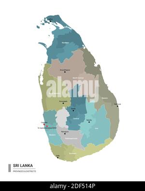 Sri Lanka higt mappa dettagliata con suddivisioni. Mappa amministrativa dello Sri Lanka con il nome dei distretti e delle città, colorata per stati e amministrativa di Illustrazione Vettoriale