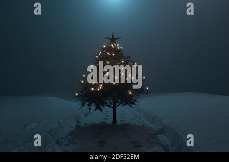 rendering 3d di albero di natale decorato accanto alle macchie di neve nel bel mezzo della notte Foto Stock