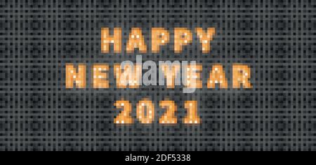 Felice anno nuovo 2021. Testo della lampadina 3d color oro per la festa di Capodanno Illustrazione Vettoriale