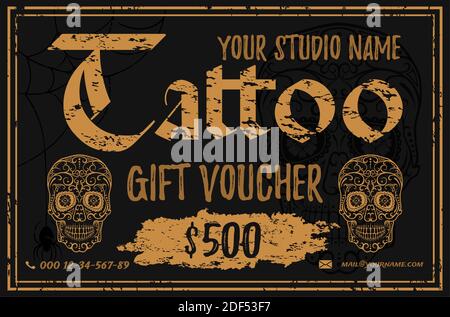 Modello di voucher regalo Vintage Tattoo per la tua azienda isolato su bacground bianco. Illustrazione Vettoriale