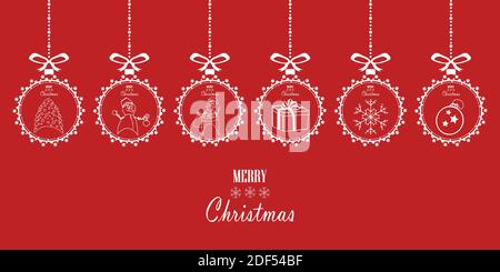 Set di baubles natalizi appesi su sfondo rosso. Banner, bordo, cornice con palle con Babbo Natale, pupazzo di neve, confezione regalo, abete, fiocco di neve e copy space.Vector Illustrazione Vettoriale
