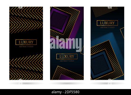 Design moderno. Sfondo astratto con quadrati scuri su un nero. Strisce dorate brillanti. Banner di lusso. Illustrazione vettoriale. Illustrazione Vettoriale