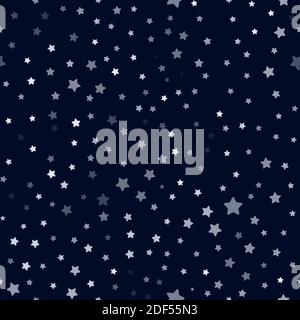 Schema di cielo notturno senza cuciture. Stelle chiare ripetute su sfondo blu scuro. Ornamento geometrico scintille. Illustrazione vettoriale delle scintille blu chiaro su sfondo blu scuro. Ideale per avvolgere carta, tessuto, tessuto, carta da parati e così via Illustrazione Vettoriale