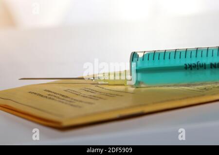 Immagine simbolo vaccino con scheda di vaccinazione e siringa Foto Stock