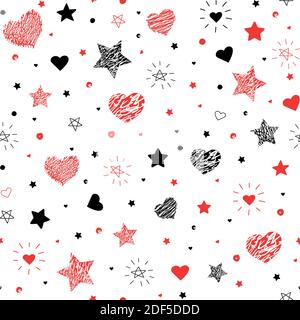 pattern vettoriale senza giunture di stelle e cuori disegnati a mano. Illustrazione vettoriale. Per ragazze in nero e rosso Illustrazione Vettoriale