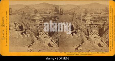 Placer Mining in Columbia Gulch, viste generali della Columbia Claim, Tuolumne County., immagine fissa, Stereographs, 1863 - 1868 Foto Stock