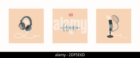 Un insieme di illustrazioni vettoriali per la progettazione di trasmissioni podcast. Microfono da studio su supporto, cuffie, colonna sonora. Stile disegnato a mano, pastello Illustrazione Vettoriale