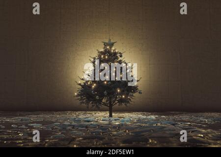 3D rendering di albero di Natale decorato con palle di Natale di fronte un muro di cemento Foto Stock