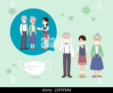 COVID-19 prevenzione, famiglia indossare maschere, nonno, nonna, nipote Illustrazione Vettoriale